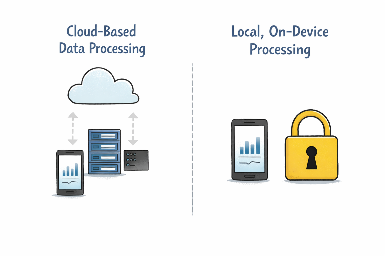 Conceptual illustration comparing cloud-based data processing with local on-device processing highlighting security with padlock